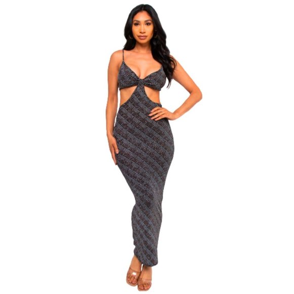 Elegant Maxi Dress Greek Key Pattern Glittering Spaghetti Cut Out - Picture 2 of 5